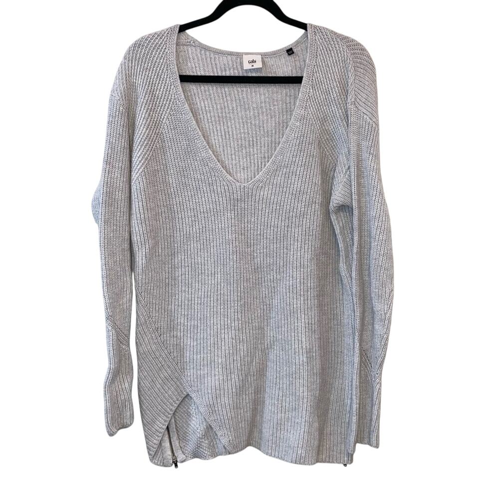Cabi Gray Sweater Medium Style 3531‎ Side Zip V Neck Cotton Knit Top